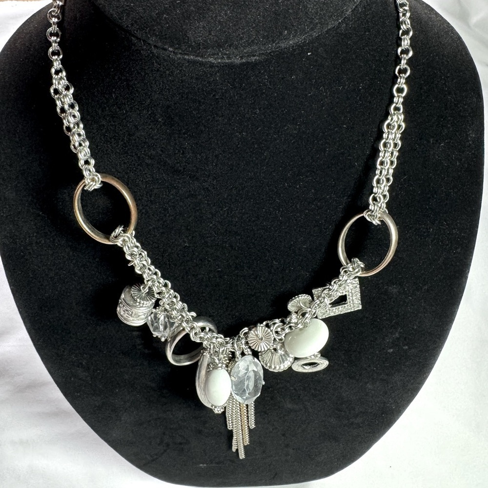 Vintage Charm Necklace with Beads Chains Gemstones & Brass Rings Statement